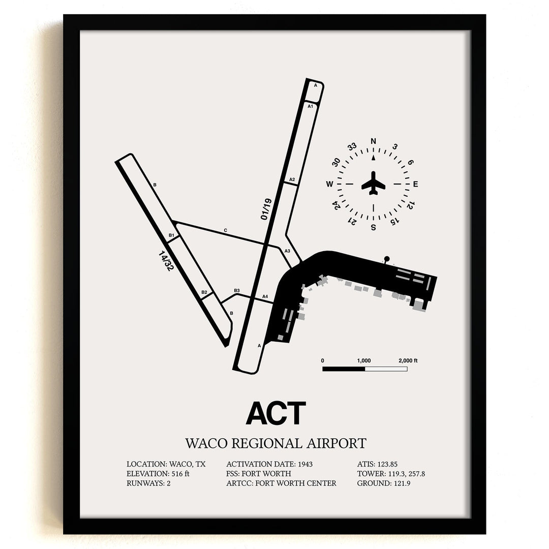 Framed Detailed Airport Map of Waco Regional Airport (ACT) in White with a Black Frame