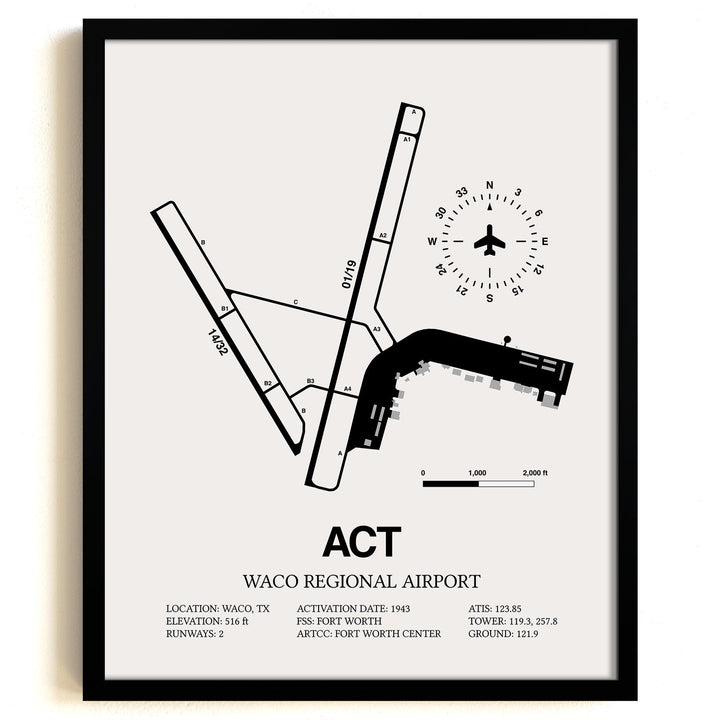 Framed Detailed Airport Map of Waco Regional Airport (ACT) in White with a Black Frame