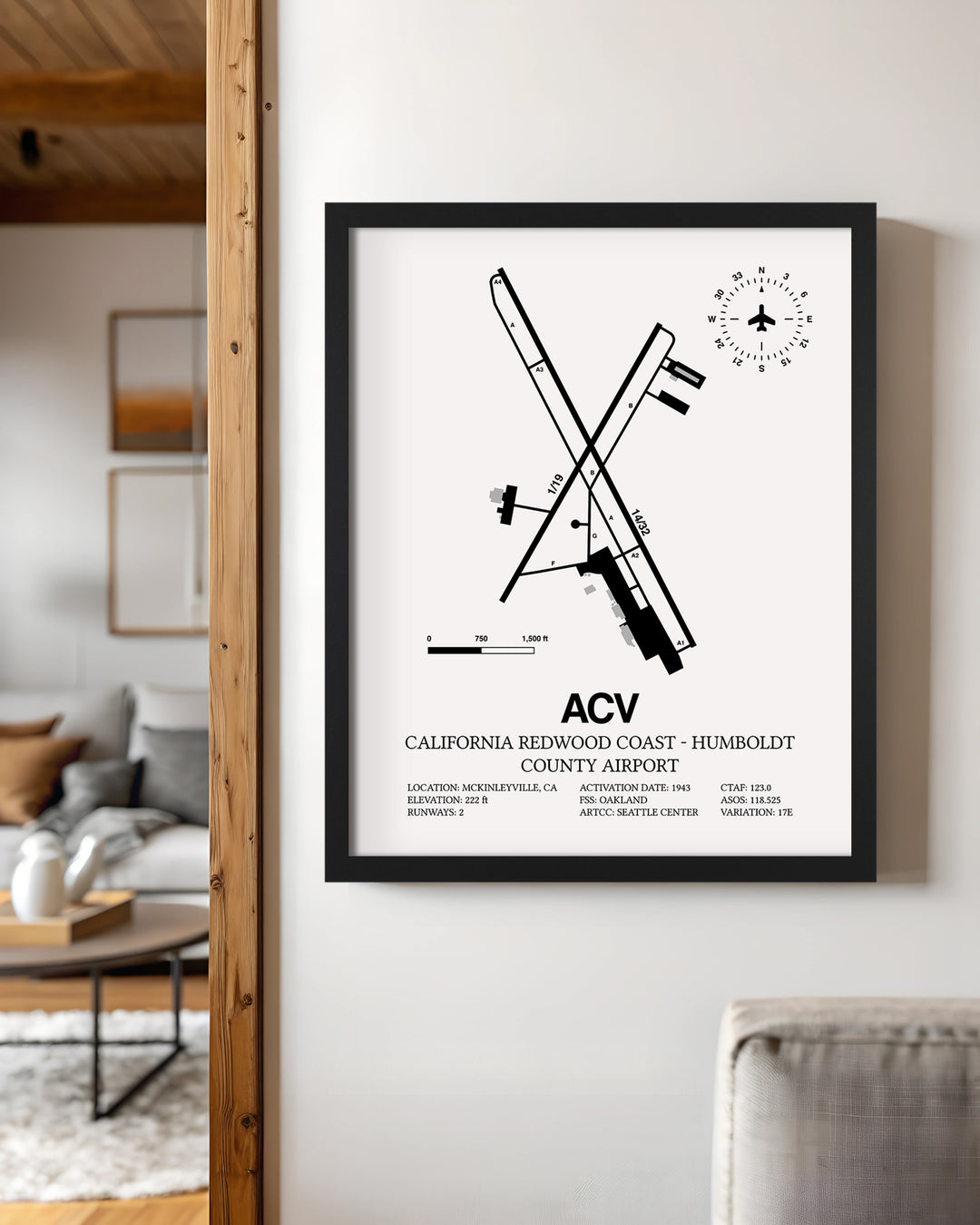 Framed Detailed Airport Map of California Redwood Coast - Humboldt County Airport (ACV) in White with a Black Frame