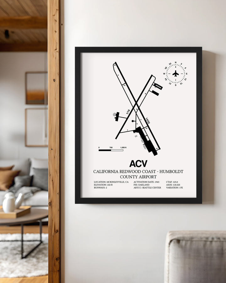 Framed Detailed Airport Map of California Redwood Coast - Humboldt County Airport (ACV) in White with a Black Frame