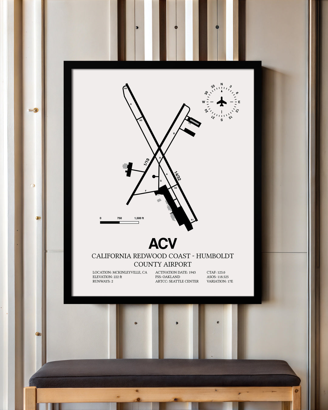 Framed Detailed Airport Map of California Redwood Coast - Humboldt County Airport (ACV) in White with a Black Frame