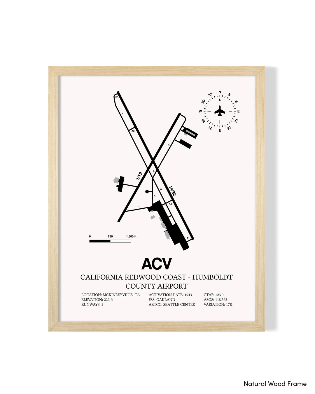 Detailed Airport Map of California Redwood Coast - Humboldt County Airport (ACV) in White with a Natural Frame