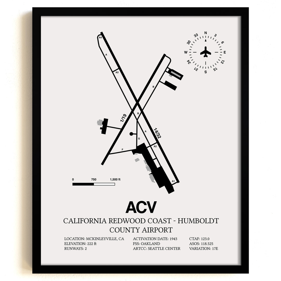 Framed Detailed Airport Map of California Redwood Coast - Humboldt County Airport (ACV) in White with a Black Frame