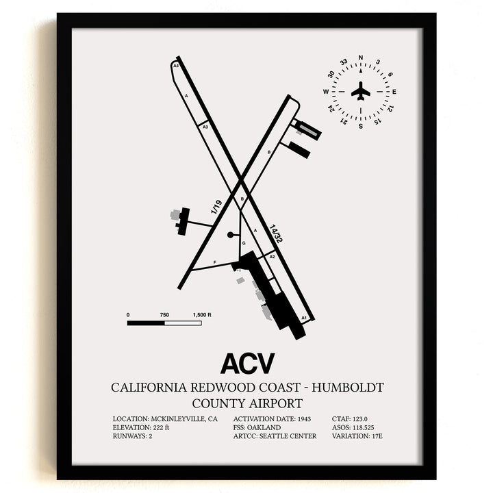Framed Detailed Airport Map of California Redwood Coast - Humboldt County Airport (ACV) in White with a Black Frame