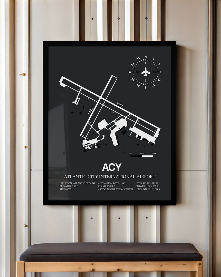 Framed Detailed Airport Map of Atlantic City International Airport (ACY) in Gray with a Black Frame