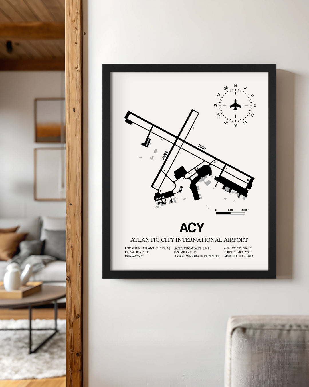 Framed Detailed Airport Map of Atlantic City International Airport (ACY) in White with a Black Frame
