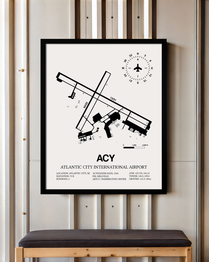 Framed Detailed Airport Map of Atlantic City International Airport (ACY) in White with a Black Frame