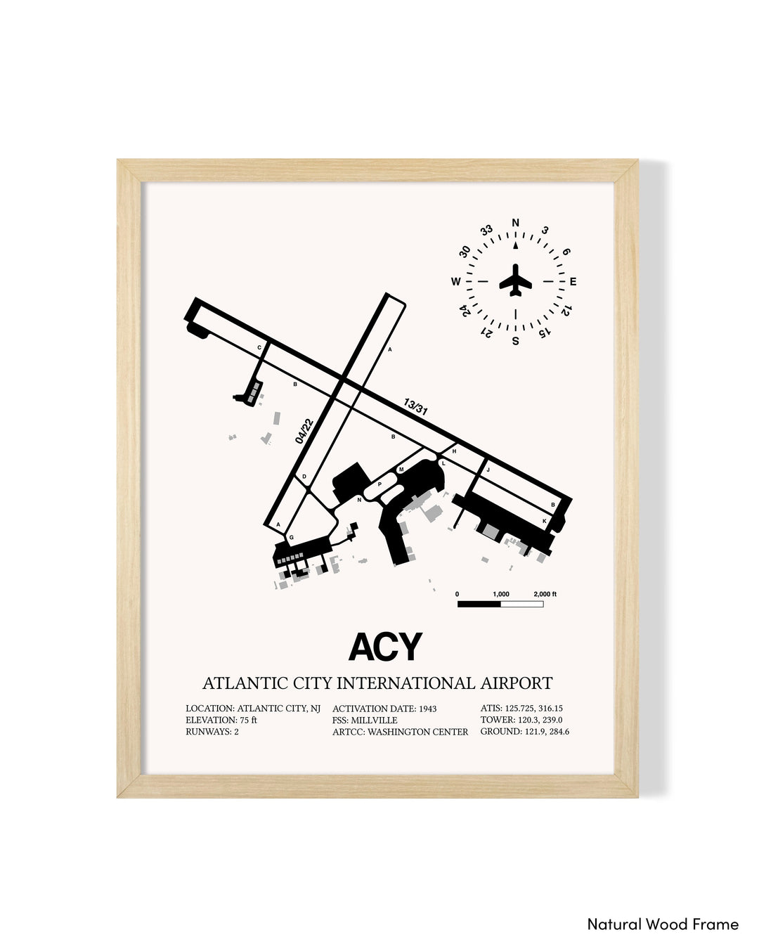 Detailed Airport Map of Atlantic City International Airport (ACY) in White with a Natural Frame