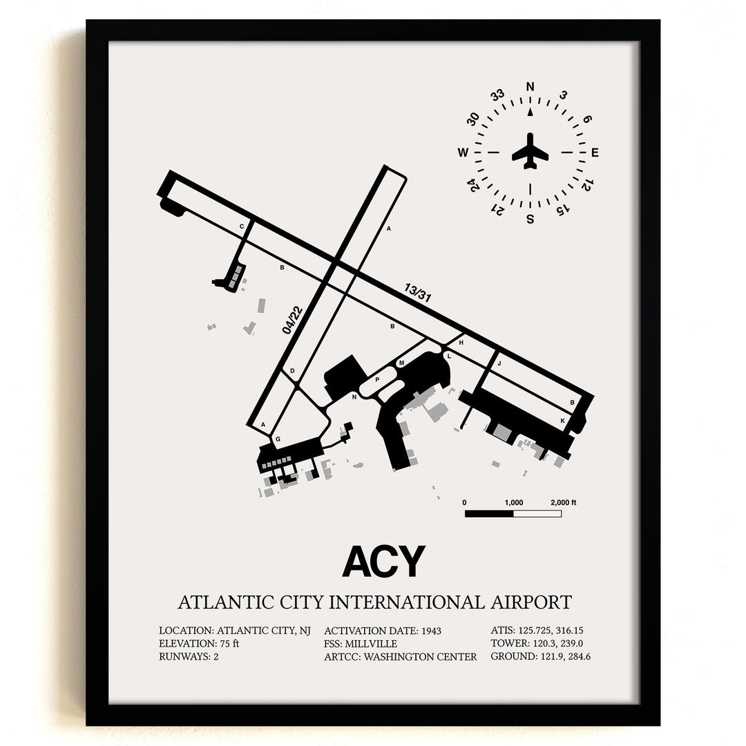 Framed Detailed Airport Map of Atlantic City International Airport (ACY) in White with a Black Frame