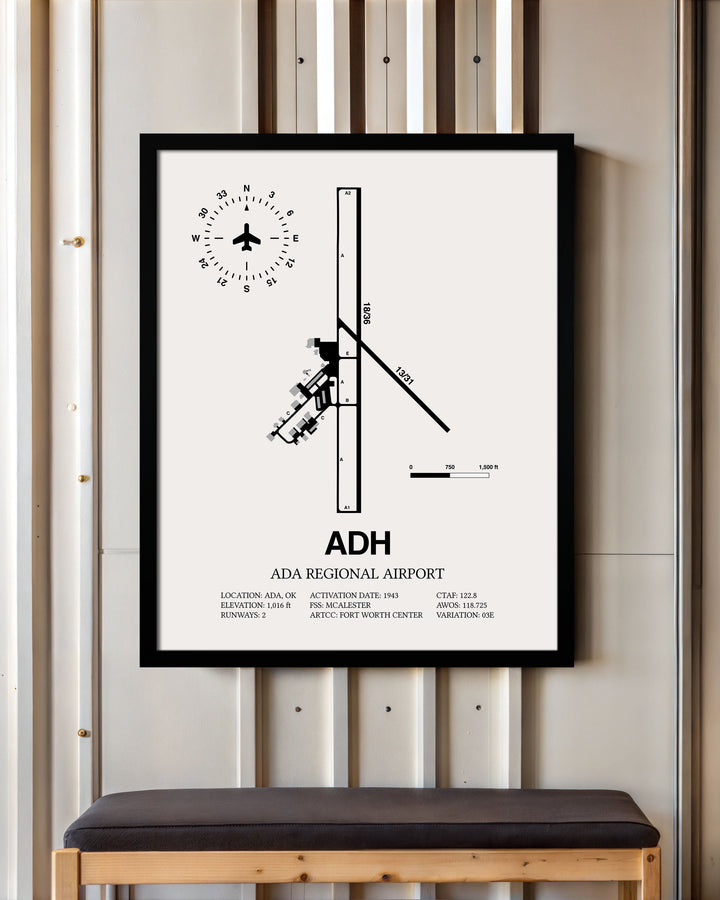Framed Detailed Airport Map of Ada Regional Airport (ADH) in White with a Black Frame