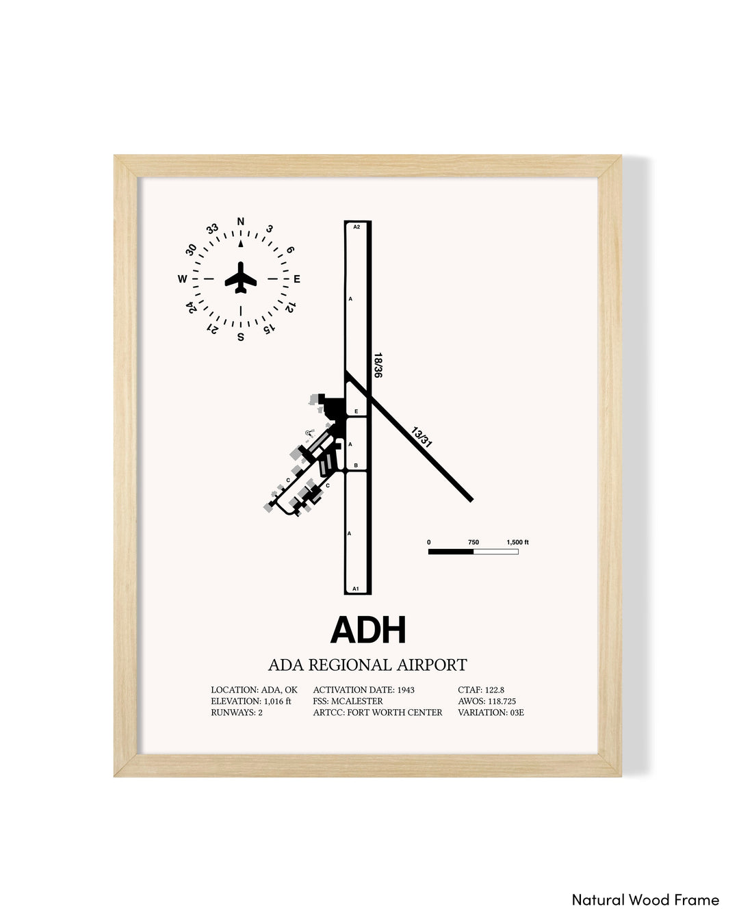 Detailed Airport Map of Ada Regional Airport (ADH) in White with a Natural Frame