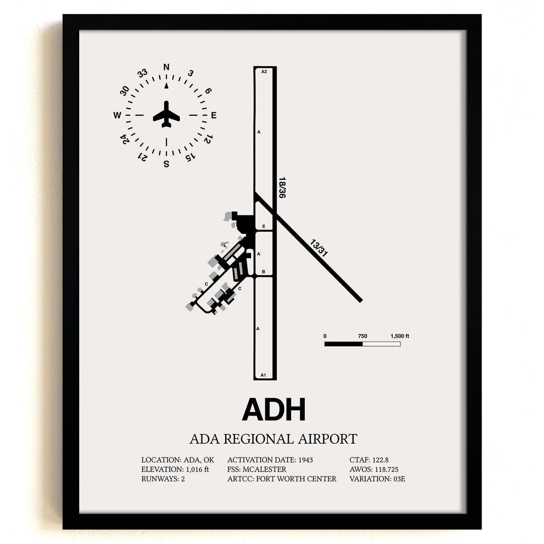 Framed Detailed Airport Map of Ada Regional Airport (ADH) in White with a Black Frame