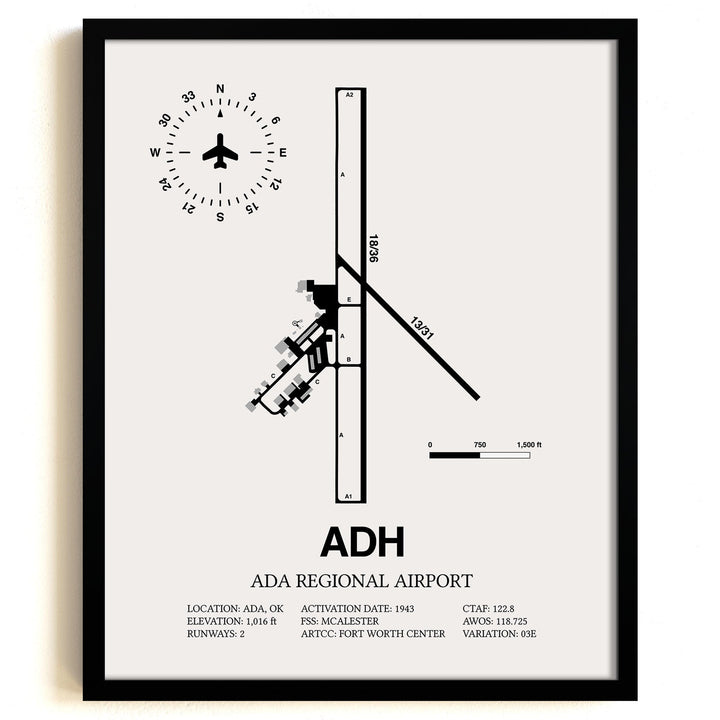 Framed Detailed Airport Map of Ada Regional Airport (ADH) in White with a Black Frame