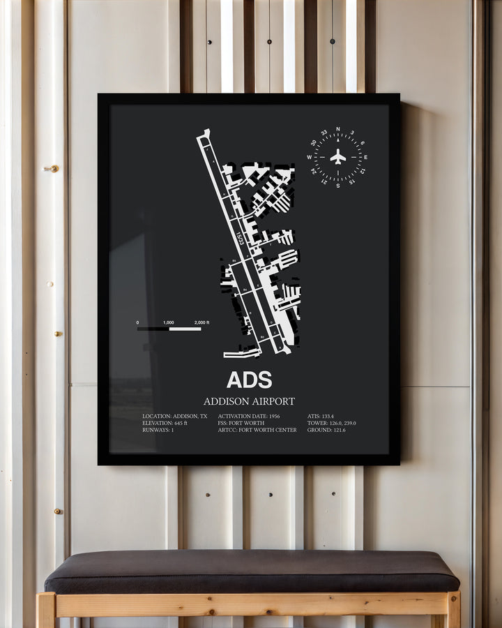 Framed Detailed Airport Map of Addison Airport (ADS) in Gray with a Black Frame
