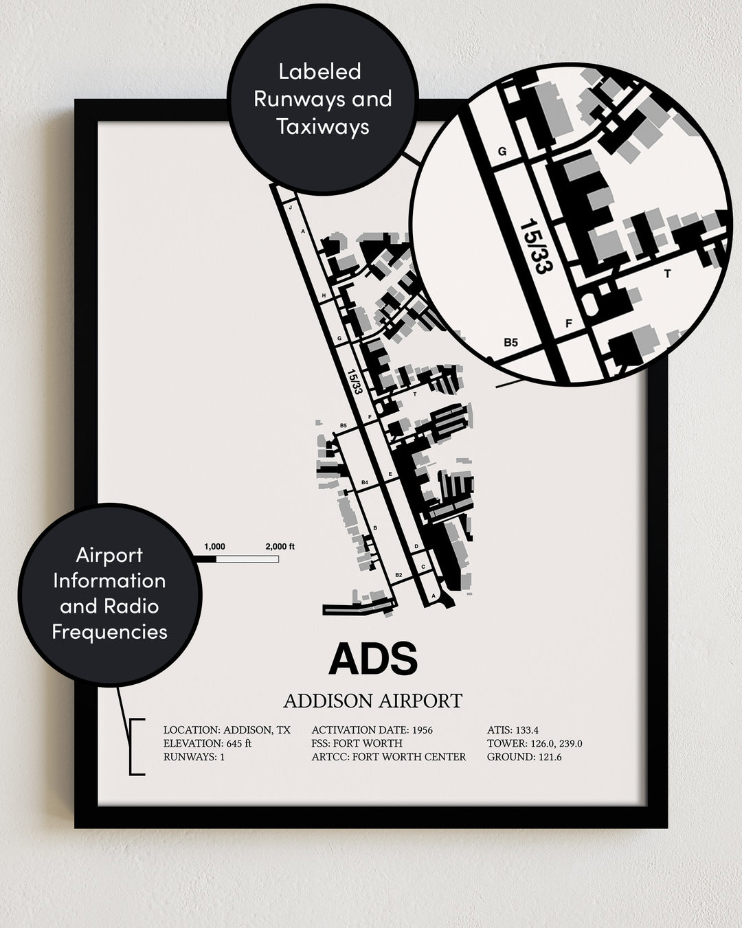 Framed Detailed Airport Map of Addison Airport (ADS) in White with a Black Frame