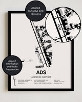 Framed Detailed Airport Map of Addison Airport (ADS) in White with a Black Frame