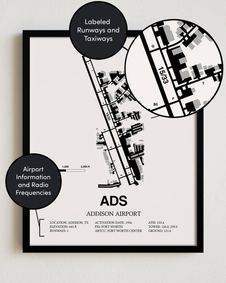 Framed Detailed Airport Map of Addison Airport (ADS) in White with a Black Frame