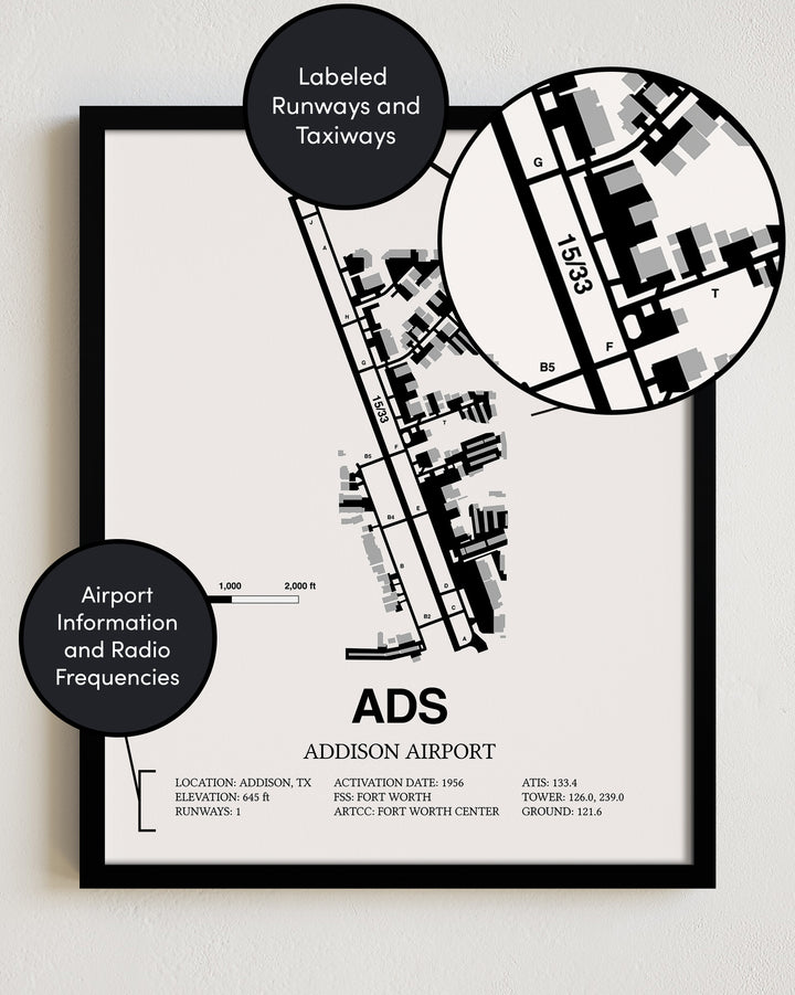 Framed Detailed Airport Map of Addison Airport (ADS) in White with a Black Frame