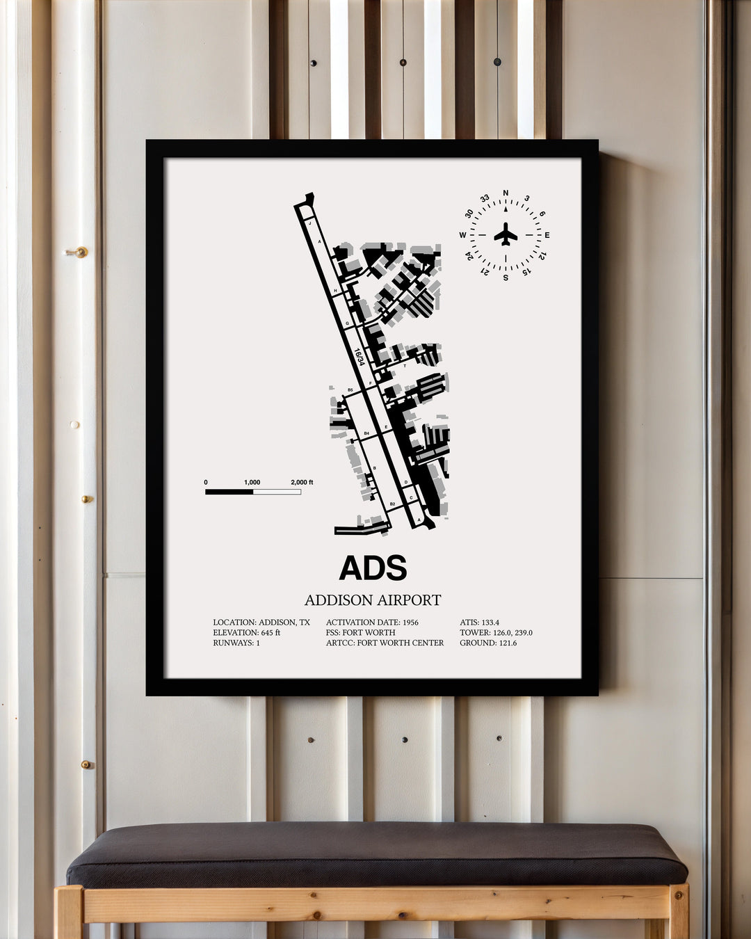 Framed Detailed Airport Map of Addison Airport (ADS) in White with a Black Frame
