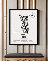 Framed Detailed Airport Map of Addison Airport (ADS) in White with a Black Frame