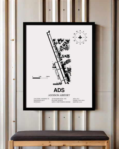 Framed Detailed Airport Map of Addison Airport (ADS) in White with a Black Frame