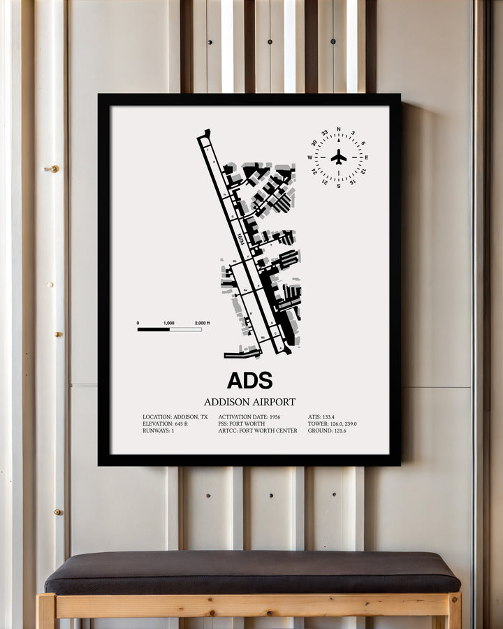 Framed Detailed Airport Map of Addison Airport (ADS) in White with a Black Frame