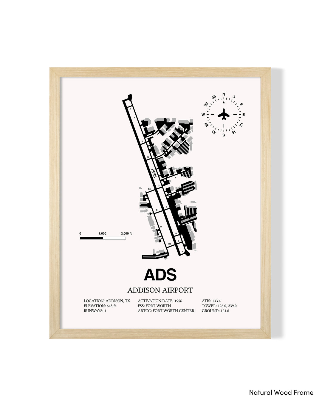 Detailed Airport Map of Addison Airport (ADS) in White with a Natural Frame