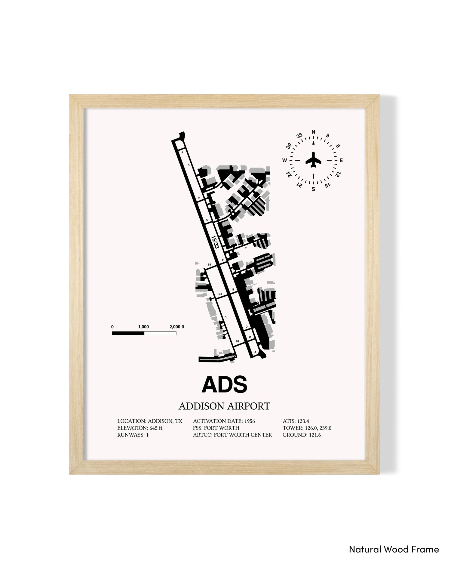 Detailed Airport Map of Addison Airport (ADS) in White with a Natural Frame