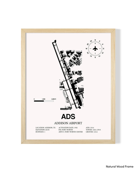 Detailed Airport Map of Addison Airport (ADS) in White with a Natural Frame