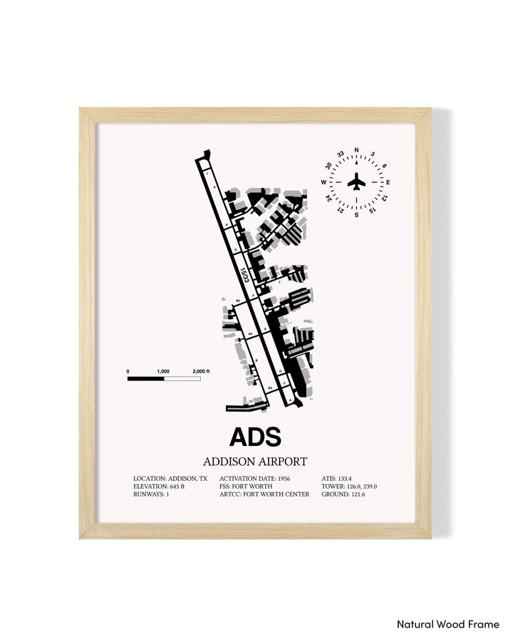 Detailed Airport Map of Addison Airport (ADS) in White with a Natural Frame