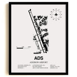 Framed Detailed Airport Map of Addison Airport (ADS) in White with a Black Frame