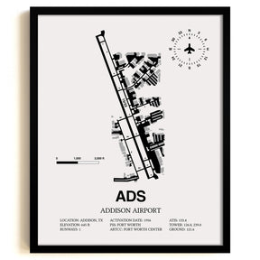 Framed Detailed Airport Map of Addison Airport (ADS) in White with a Black Frame