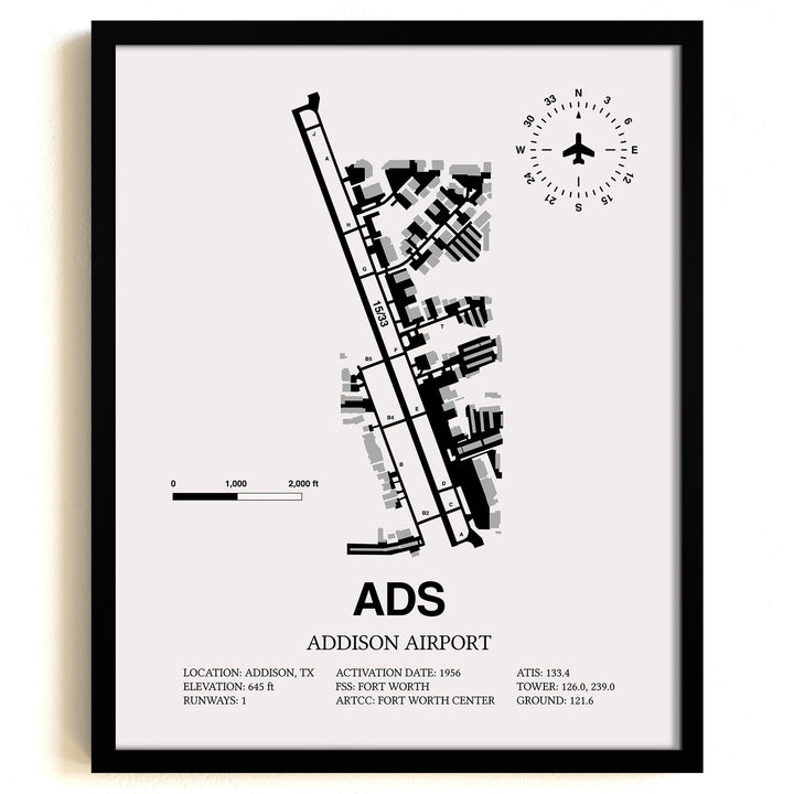 Framed Detailed Airport Map of Addison Airport (ADS) in White with a Black Frame