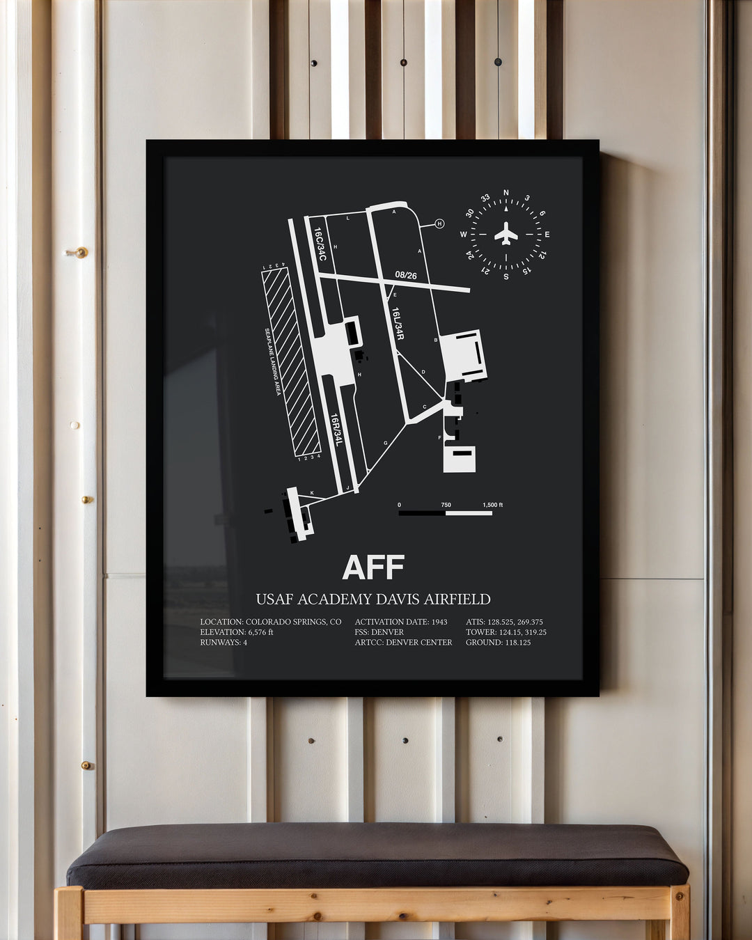 Framed Detailed Airport Map of USAF Academy Davis Airfield (AFF) in Gray with a Black Frame