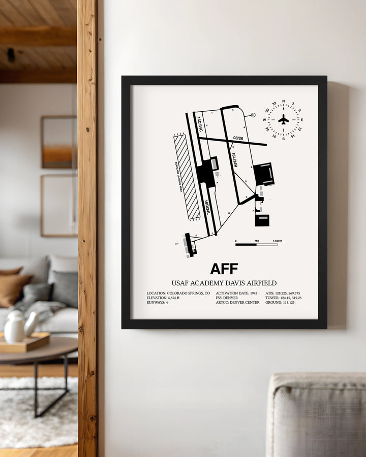 Framed Detailed Airport Map of USAF Academy Davis Airfield (AFF) in White with a Black Frame