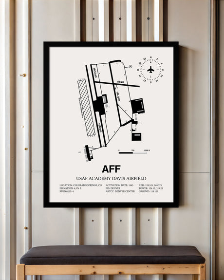 Framed Detailed Airport Map of USAF Academy Davis Airfield (AFF) in White with a Black Frame