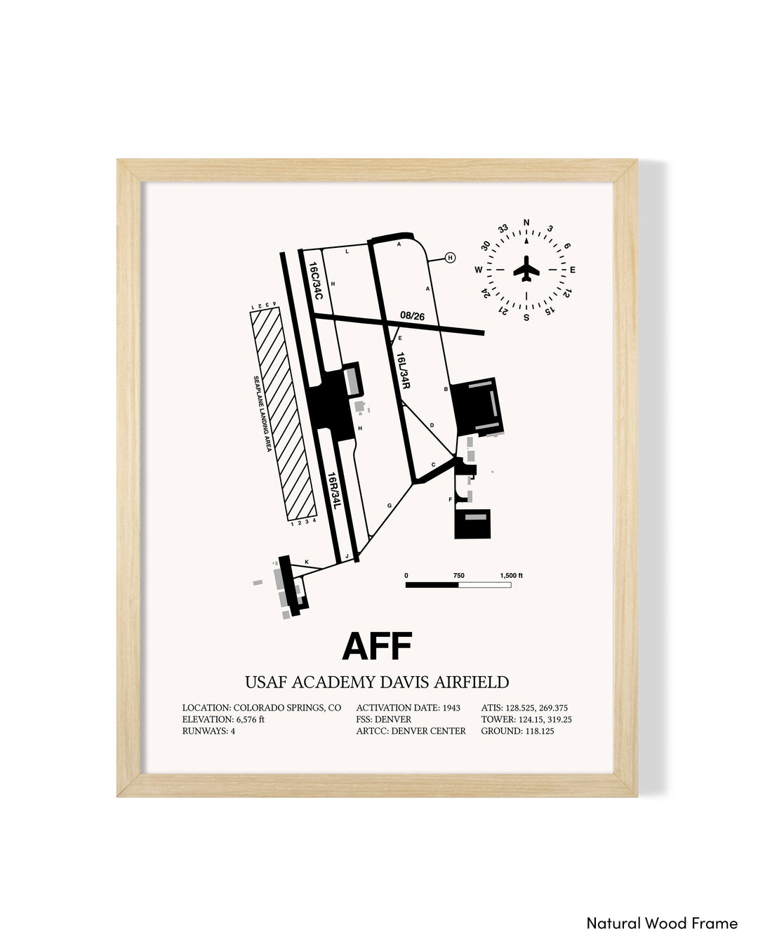 Detailed Airport Map of USAF Academy Davis Airfield (AFF) in White with a Natural Frame