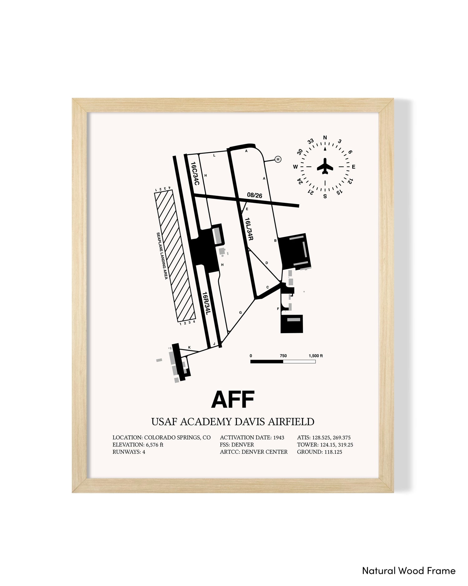 Detailed Airport Map of USAF Academy Davis Airfield (AFF) in White with a Natural Frame