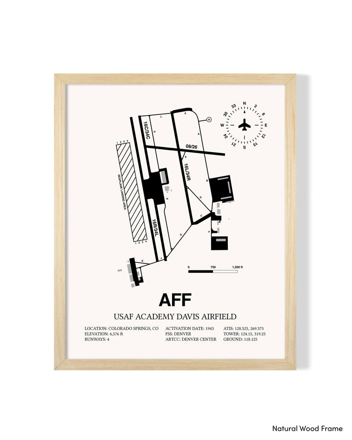 Detailed Airport Map of USAF Academy Davis Airfield (AFF) in White with a Natural Frame