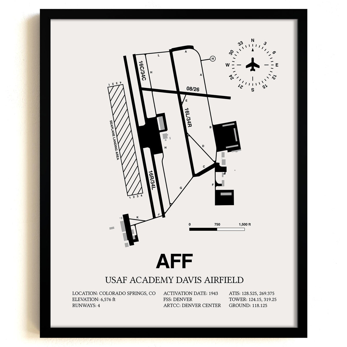 Framed Detailed Airport Map of USAF Academy Davis Airfield (AFF) in White with a Black Frame