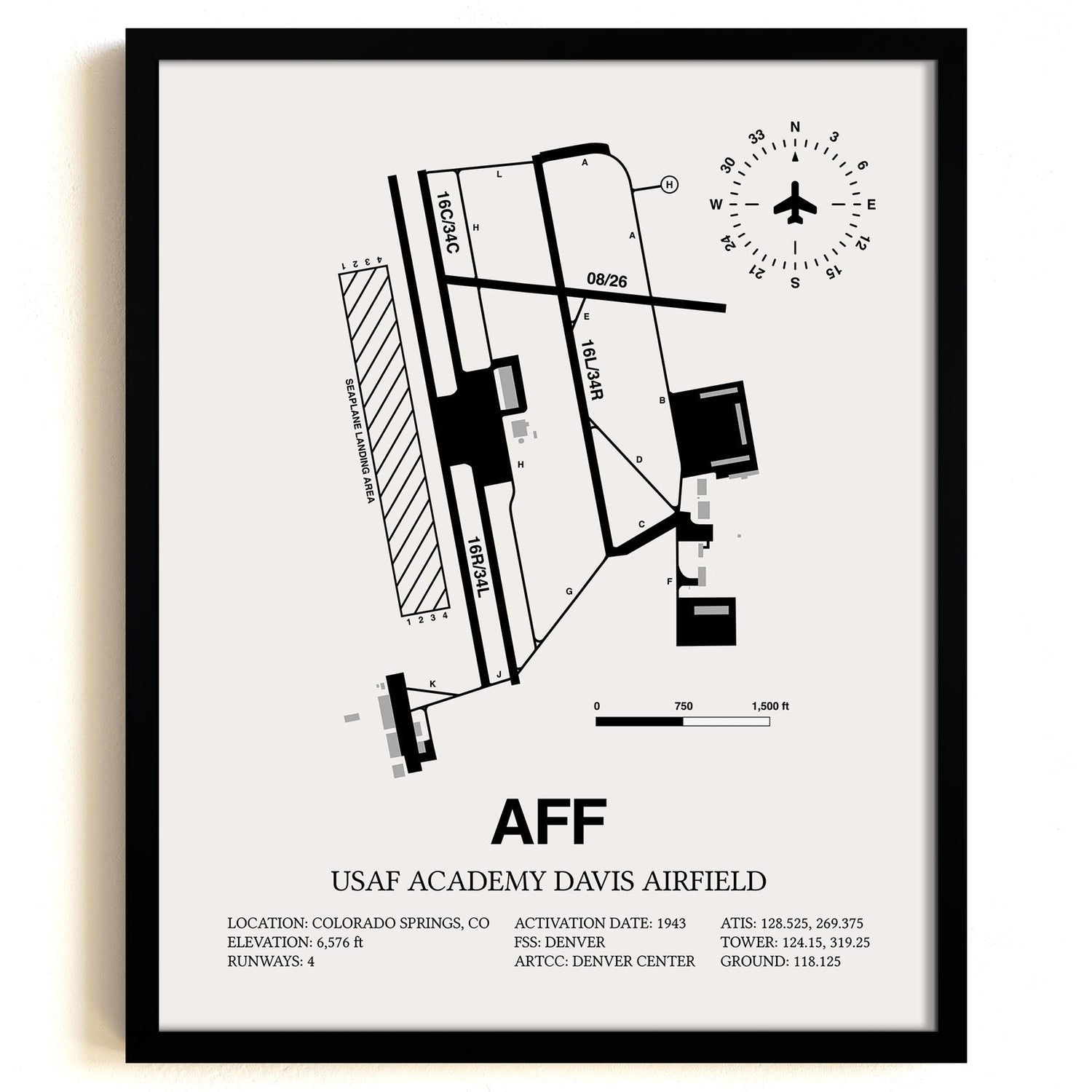 Framed Detailed Airport Map of USAF Academy Davis Airfield (AFF) in White with a Black Frame