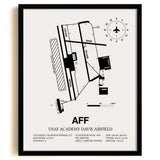 Framed Detailed Airport Map of USAF Academy Davis Airfield (AFF) in White with a Black Frame