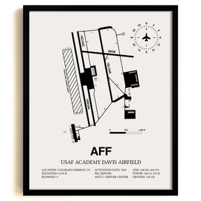 Framed Detailed Airport Map of USAF Academy Davis Airfield (AFF) in White with a Black Frame
