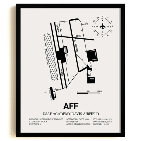 Framed Detailed Airport Map of USAF Academy Davis Airfield (AFF) in White with a Black Frame