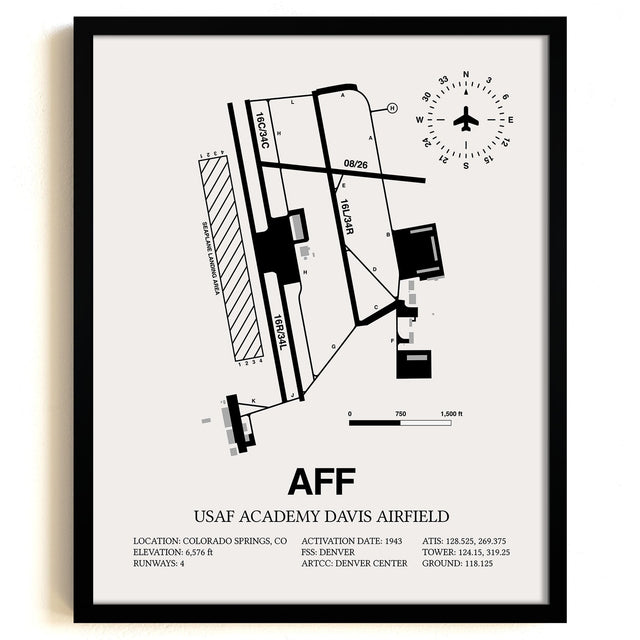 Framed Detailed Airport Map of USAF Academy Davis Airfield (AFF) in White with a Black Frame