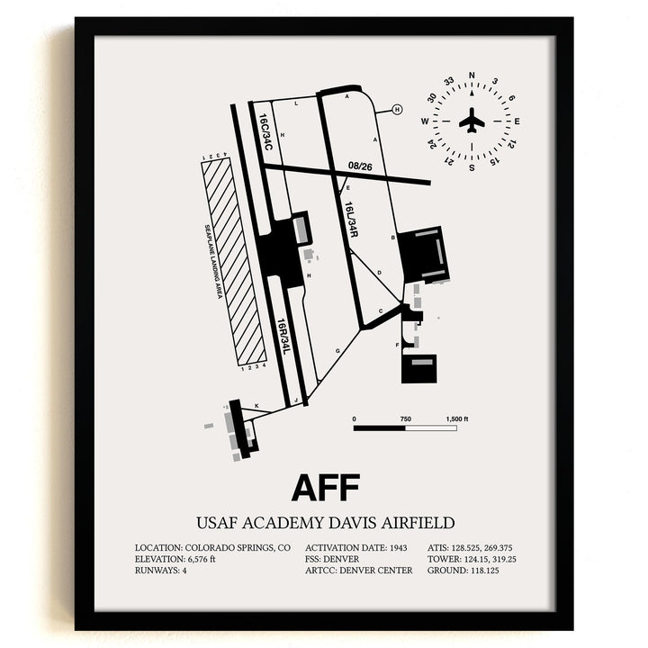 Framed Detailed Airport Map of USAF Academy Davis Airfield (AFF) in White with a Black Frame