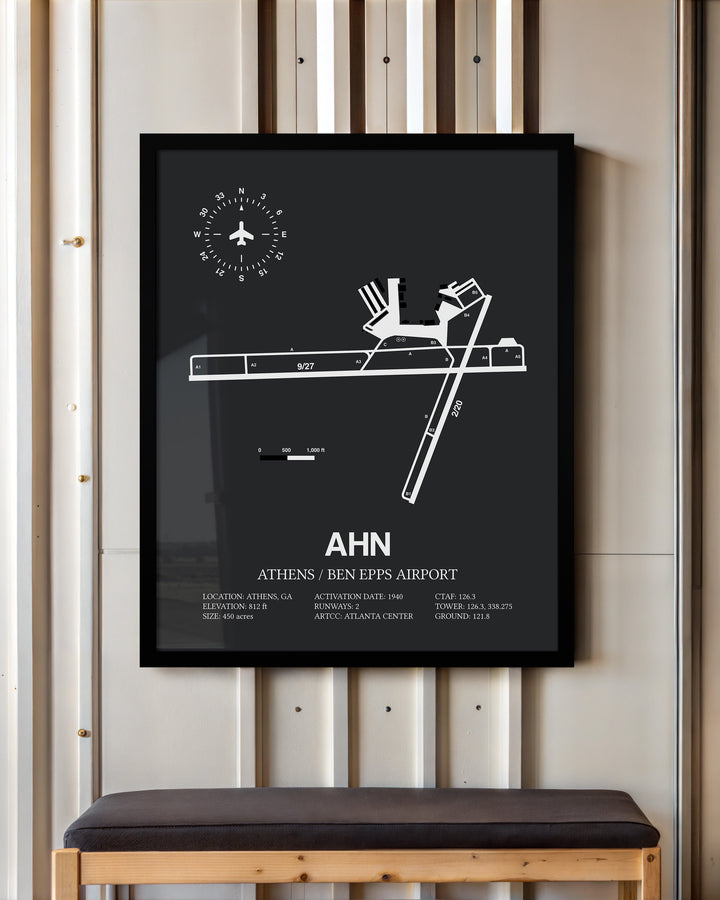 Framed Detailed Airport Map of Athens Ben Epps Airport (AHN) in Gray with a Black Frame