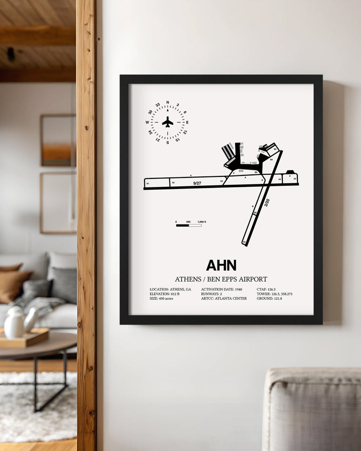 Framed Detailed Airport Map of Athens Ben Epps Airport (AHN) in White with a Black Frame