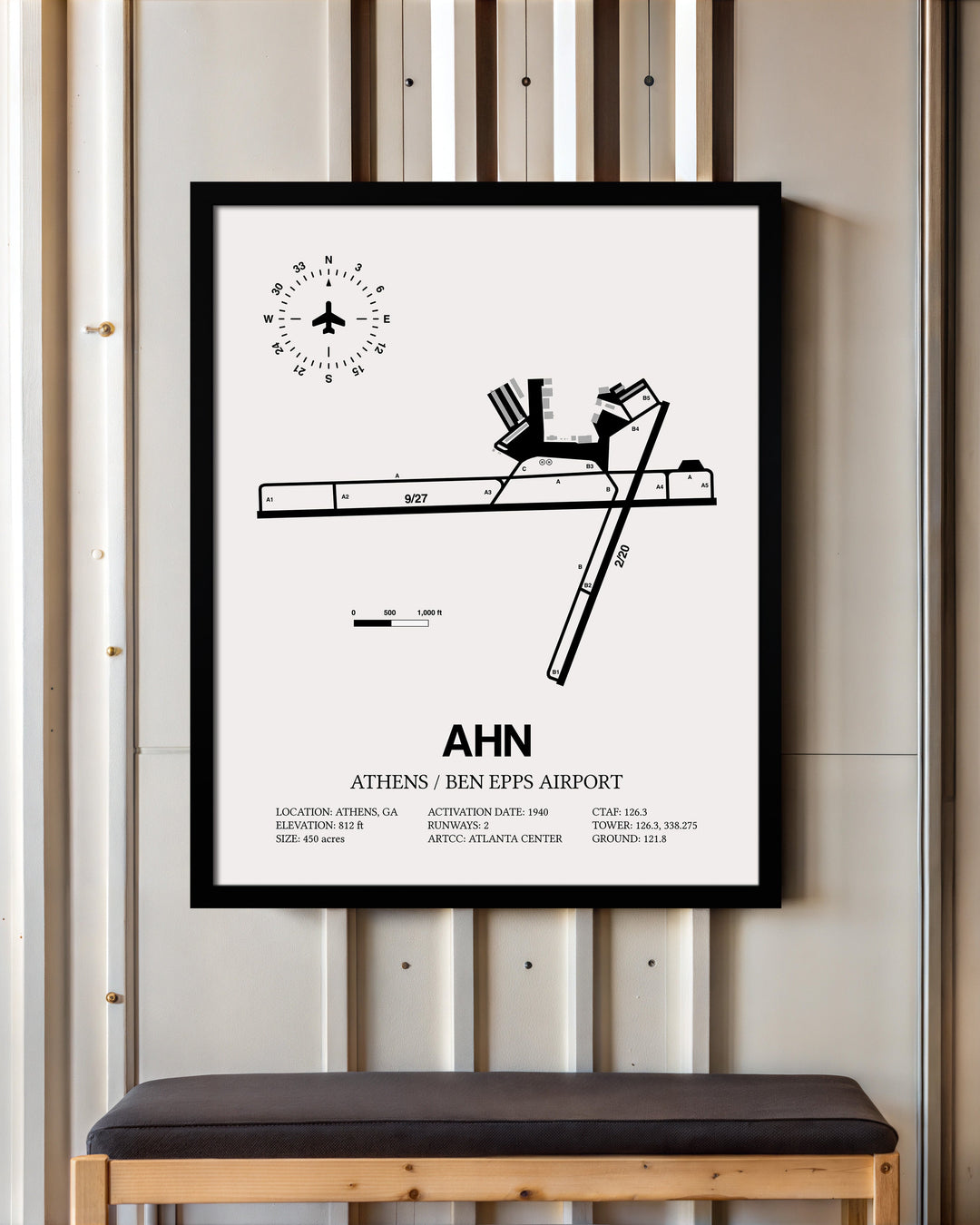 Framed Detailed Airport Map of Athens Ben Epps Airport (AHN) in White with a Black Frame