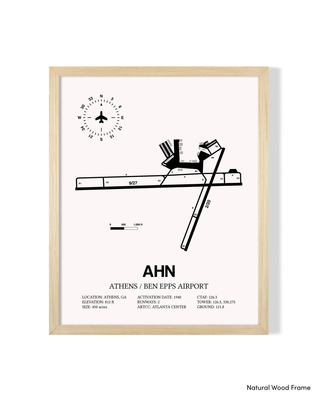 Detailed Airport Map of Athens Ben Epps Airport (AHN) in White with a Natural Frame